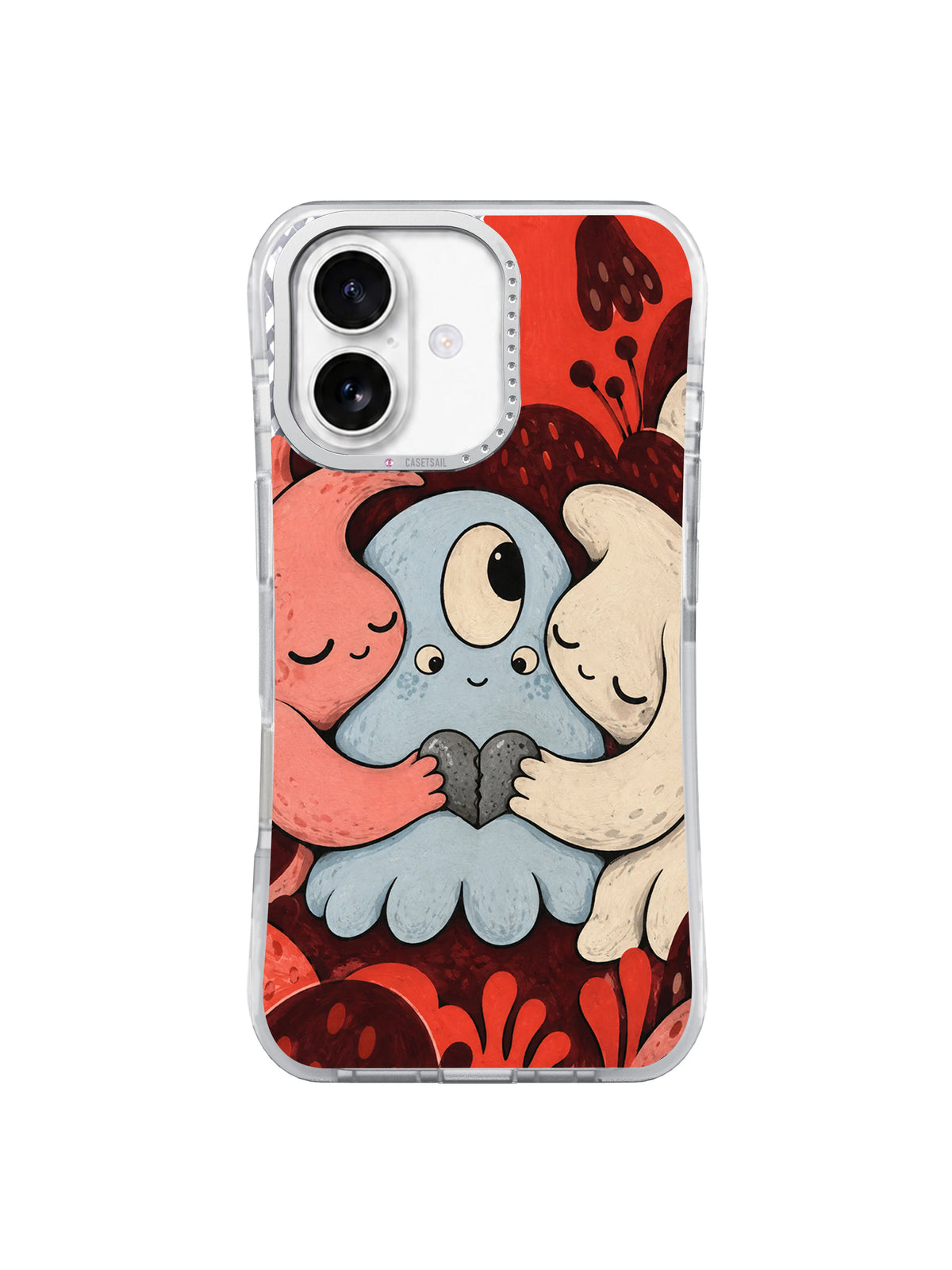 Front view of The Soft Landing Hug artwork on an iPhone 17 case