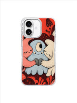 Icy-blue cushion creature embraced by coral and cream friends over a split heart stone