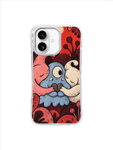 Three whimsical friends holding a small blue keepsake in a coral-red embrace