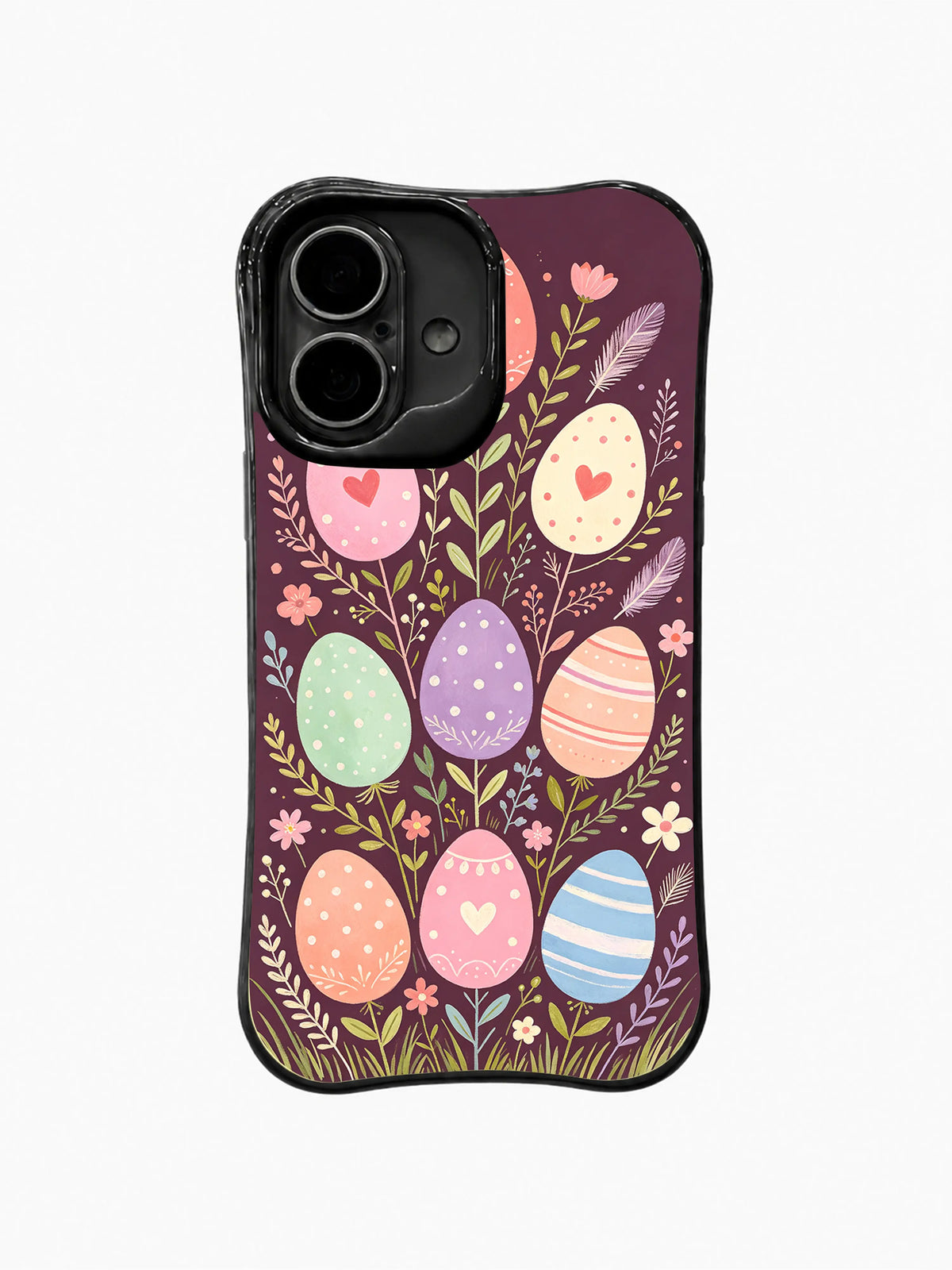 The Soft Meadow Festival / Spring Egg Garden Rise: Krem ve pembe kalp motifleriyle mavi çizgili yumurta dahil uzun dallarda iri yumurtalar.