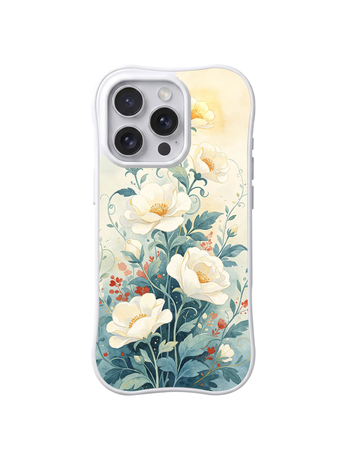 Ivory Dream Garden: Ivory flowers rise through muted teal leaves with small coral accents.
