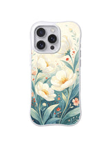 Storybook Petal Dawn: Soft ivory blossoms and slender teal leaves form a pale garden scene.