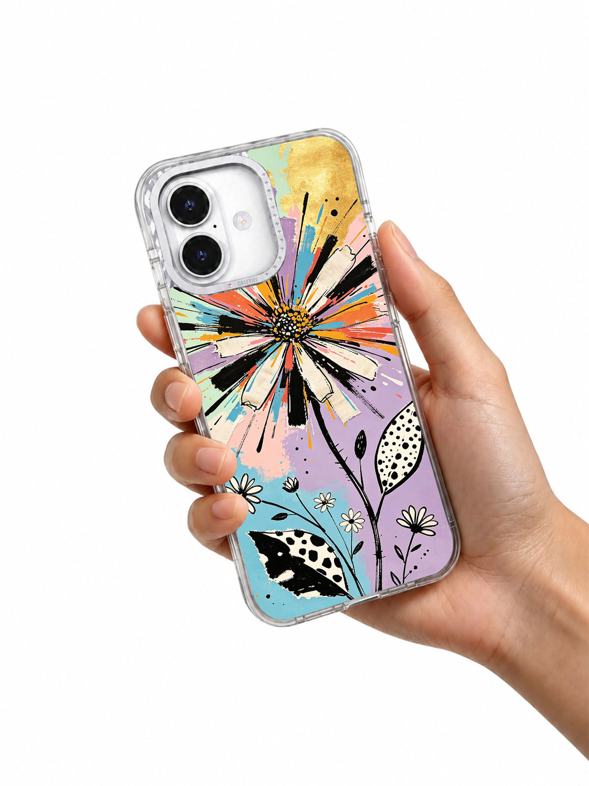 Bold pastel flower art iPhone 17 case held in hand