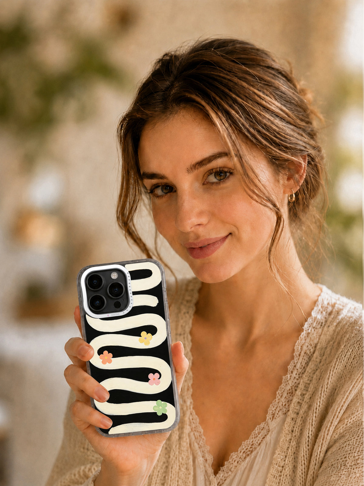 Soft Rhythm Garden wearable art case lifestyle portrait