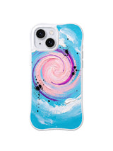 Soft Rebellion Spiral: Pink, lavender, white and blue strokes form a loose spiral with black speckles.