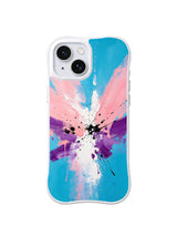 Tender Riot Burst: Blue, pink, purple, white and black paint-like strokes burst from the center.