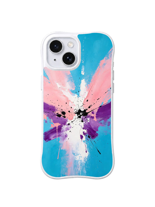 Tender Riot Burst: Blue, pink, purple, white and black paint-like strokes burst from the center.