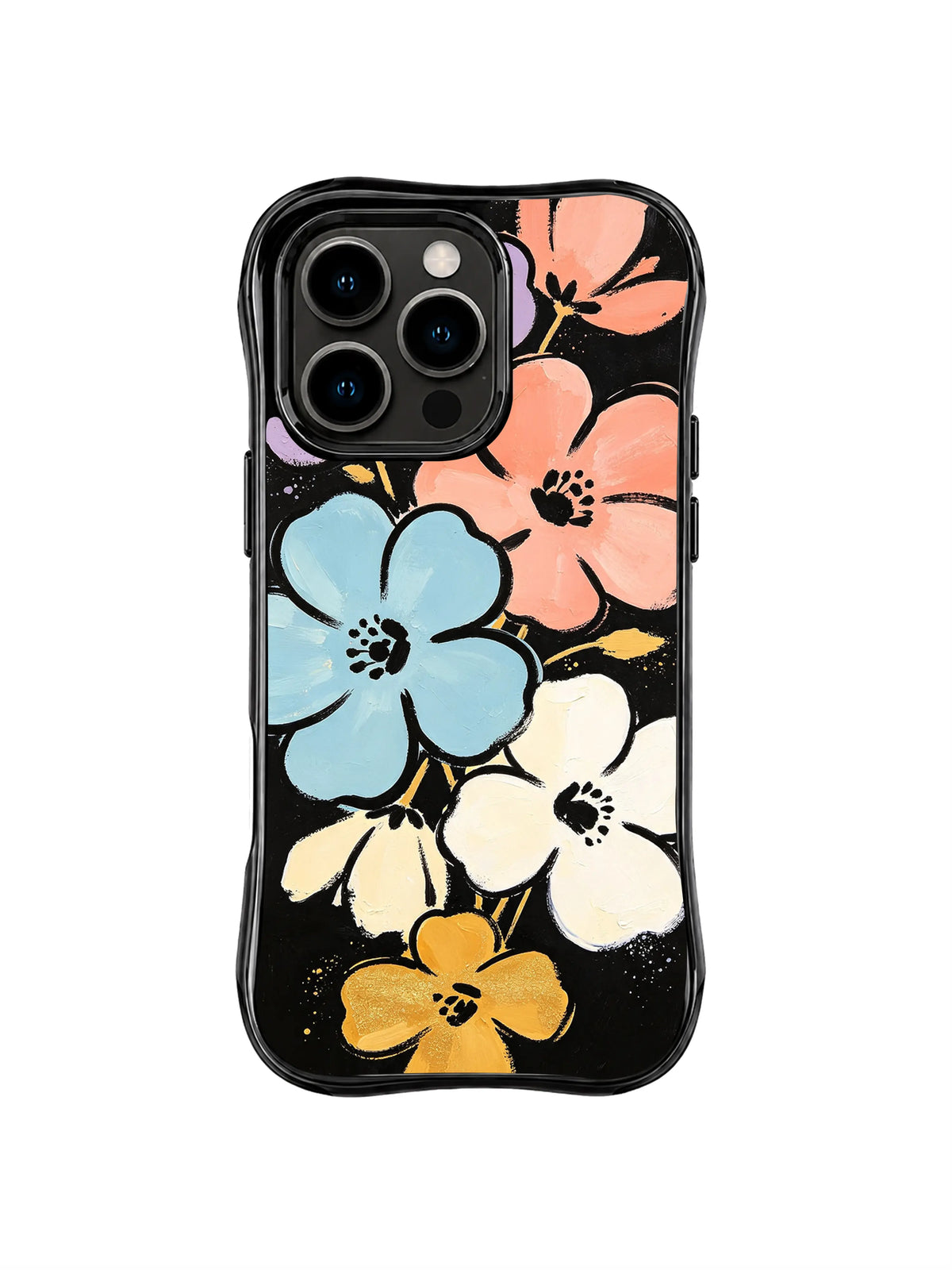 Sky Blue Courage Bouquet: Blue, coral, cream and gold flowers form a bold vertical bouquet on black.