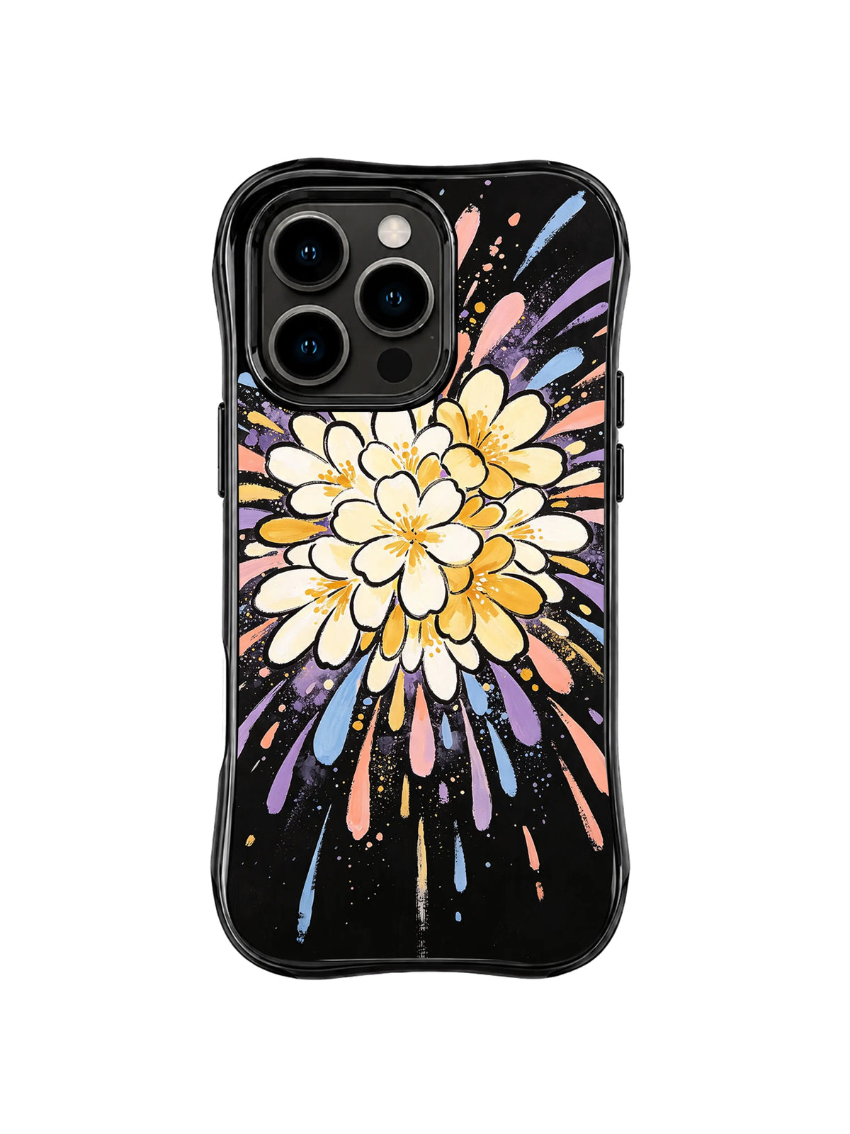 Soft Thunder Flower Burst: A layered cream and gold flower sends pink, blue and lavender paint-like rays across black.
