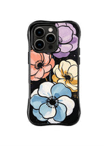 Lavender Coral Bloom: Large lavender, coral, blue and cream flowers stack vertically on a black field.