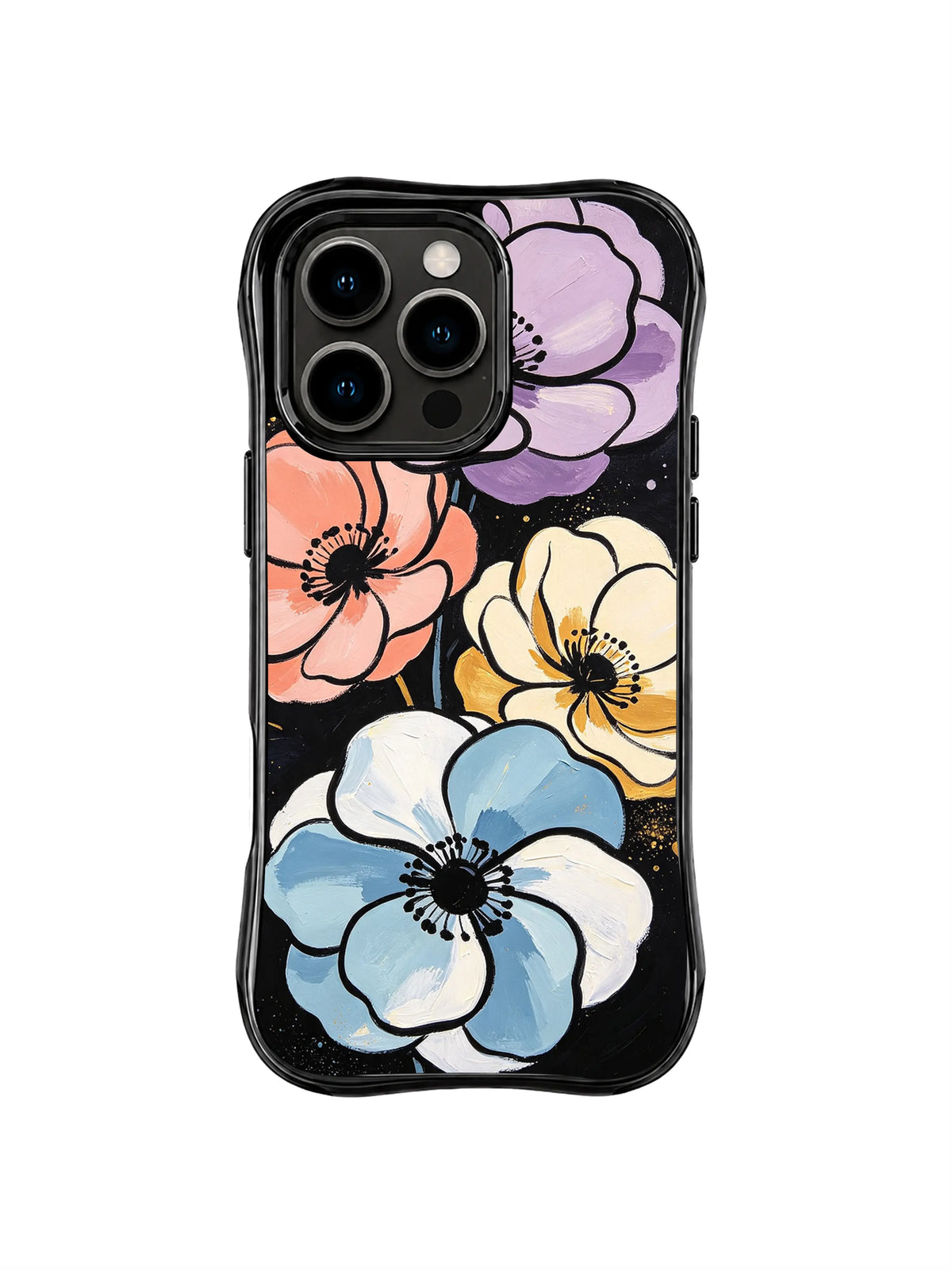 Lavender Coral Bloom: Large lavender, coral, blue and cream flowers stack vertically on a black field.