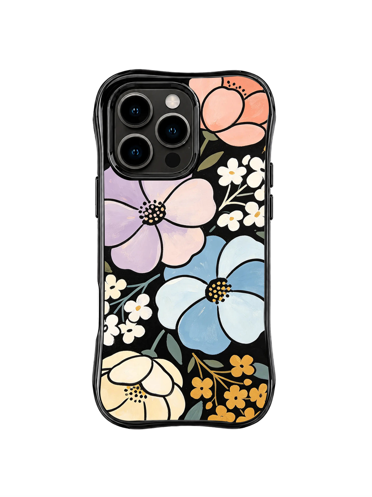 Pastel Strength Garden: Oversized coral, lavender, blue and cream flowers mix with small white and gold blossoms on black.
