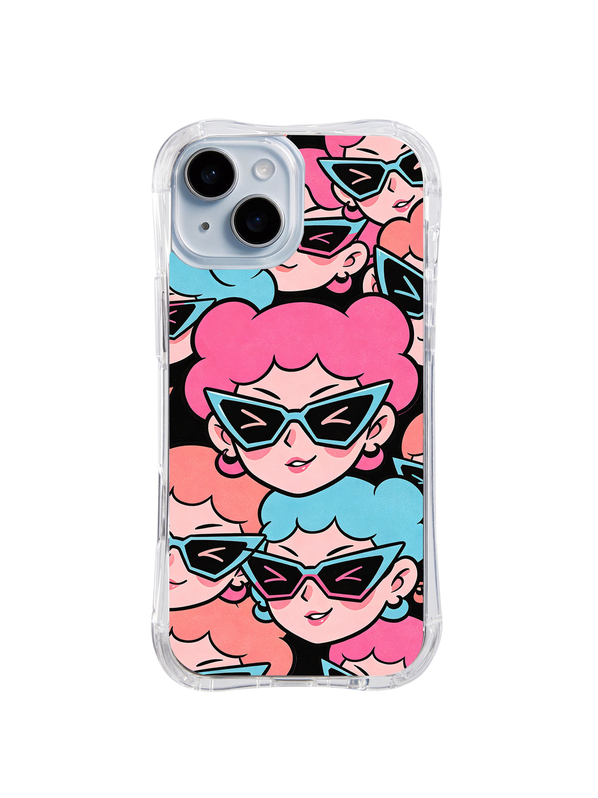 Pink Cloud Cat-Eye Crew: Büyük pembe bulut benzeri yüzler siyah ve camgöbeği kedi gözü gözlükler takar.