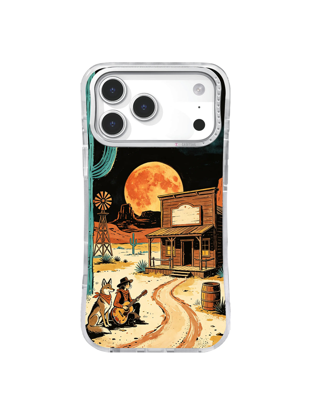 Orange moon saloon iPhone case pattern with traveler coyotes and desert road