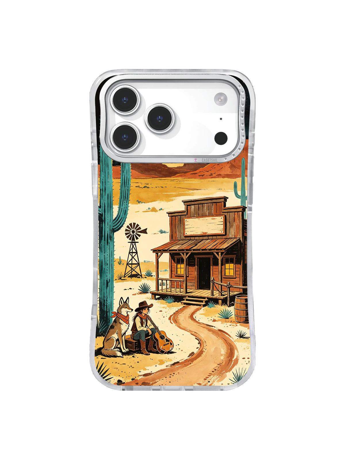 Turquoise cactus road iPhone case pattern with western saloon and windmill