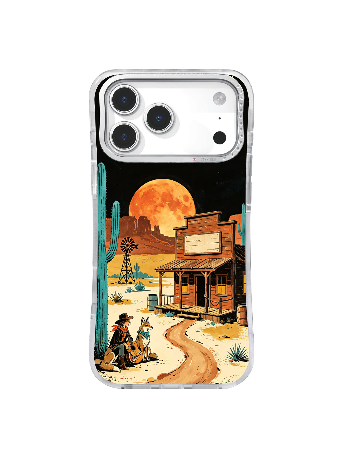 Coyote guitar camp iPhone case pattern beneath a burnt-orange desert moon