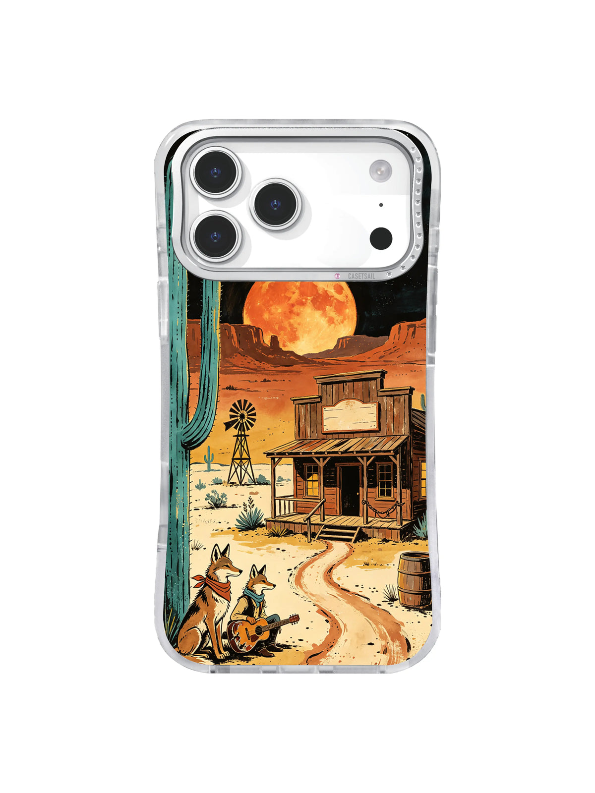 Mustard window ballad iPhone case pattern with saloon mesas and cacti