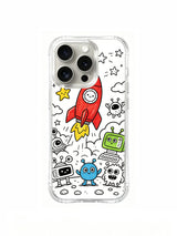 Cute whimsical space rocket alien doodle iPhone 15 pro Case from PhoneCasing, original Nico Scribble hand-drawn artwork printed on scratch-resistant premium phone casing, trendy playful cartoon phone cover for US young shoppers.