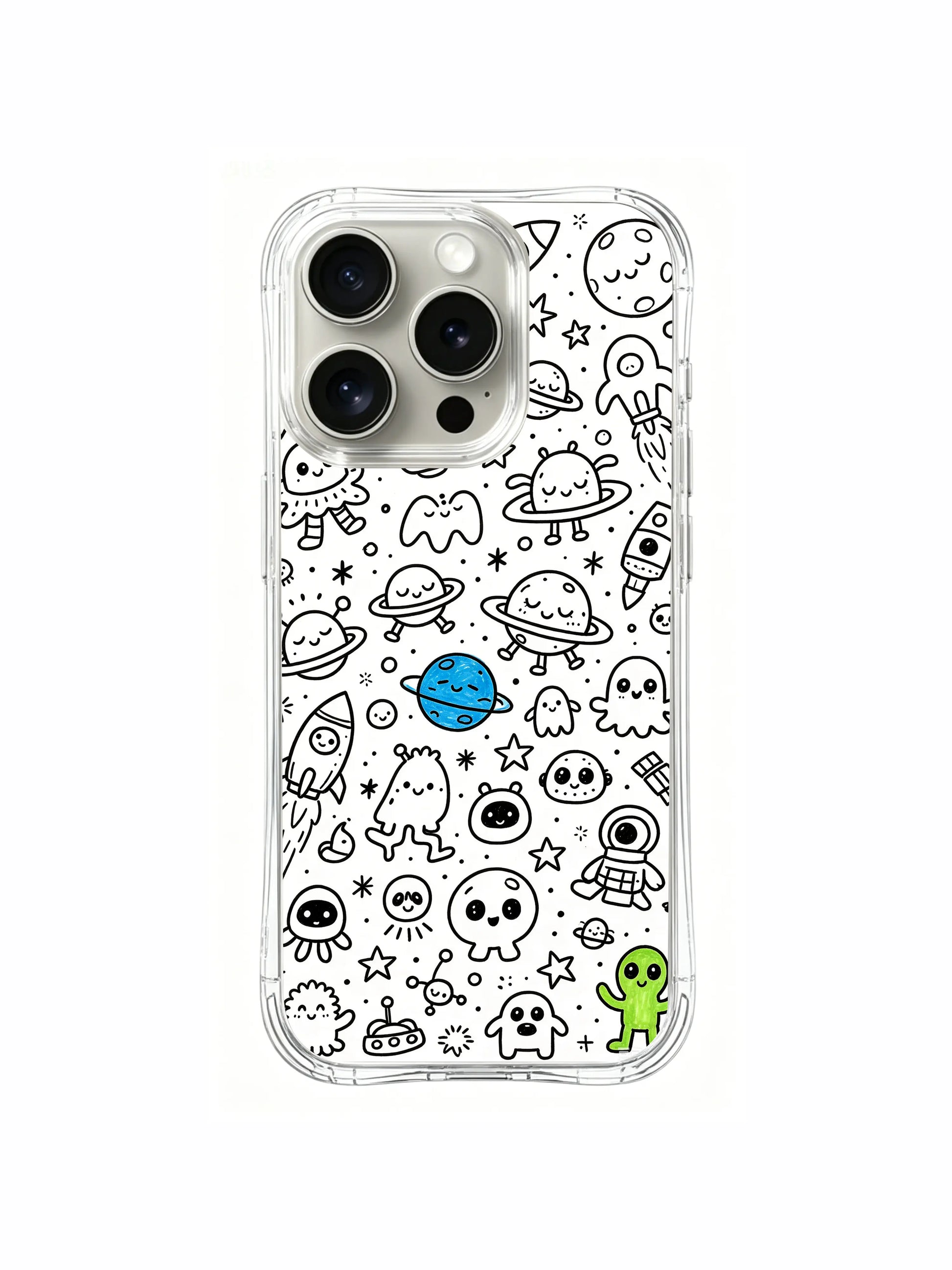 Mixed spaceship, planet and alien cartoon cluster iPhone 15 pro Case, customizable detail phone casing, casual daily-use phone cover supplied by PhoneCasing.
