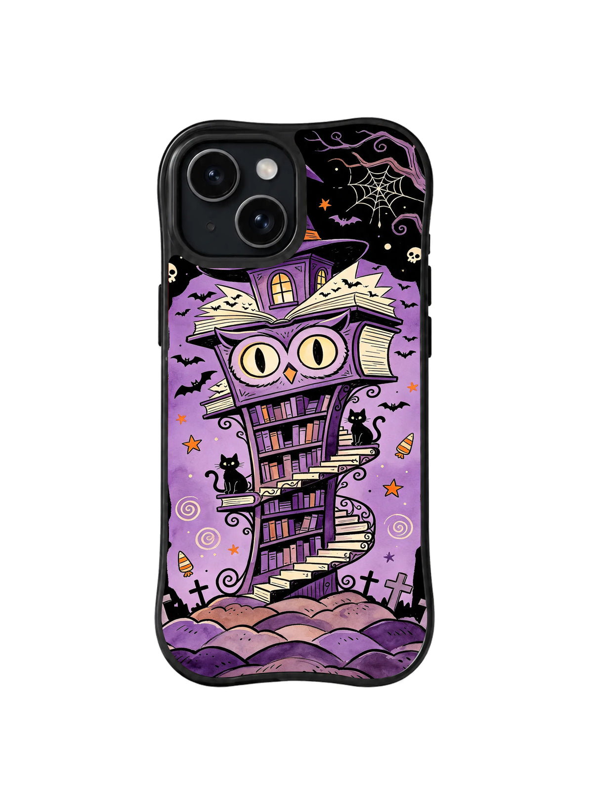 Spiral Stair Owl Tower: Spiral merdiven; kitaplar, ağlar ve yarasaların altında baykuş yüzlü kuleye tırmanır.