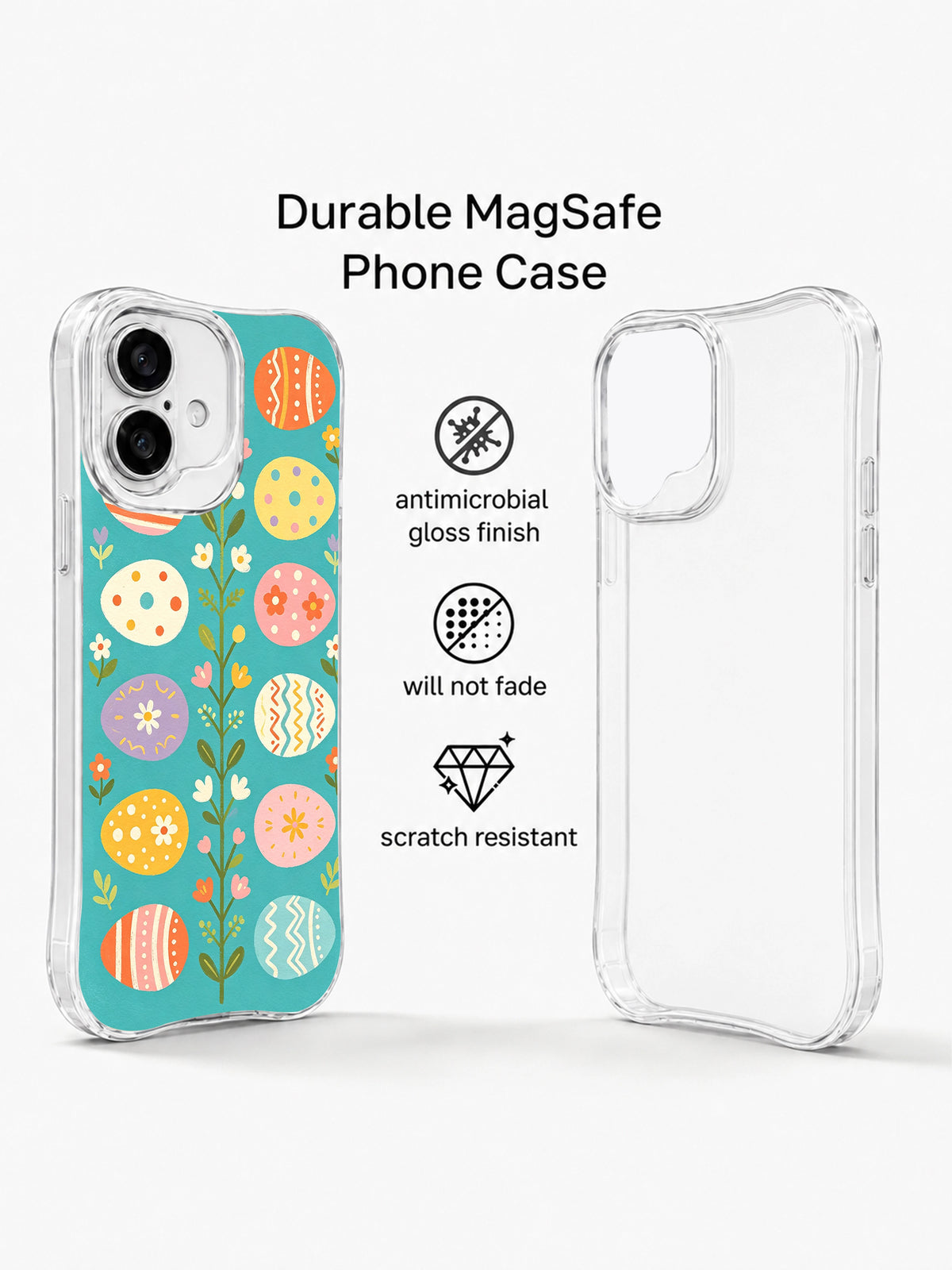 Spring Candy Eggs: Illustrated case beside a plain rear phone view.