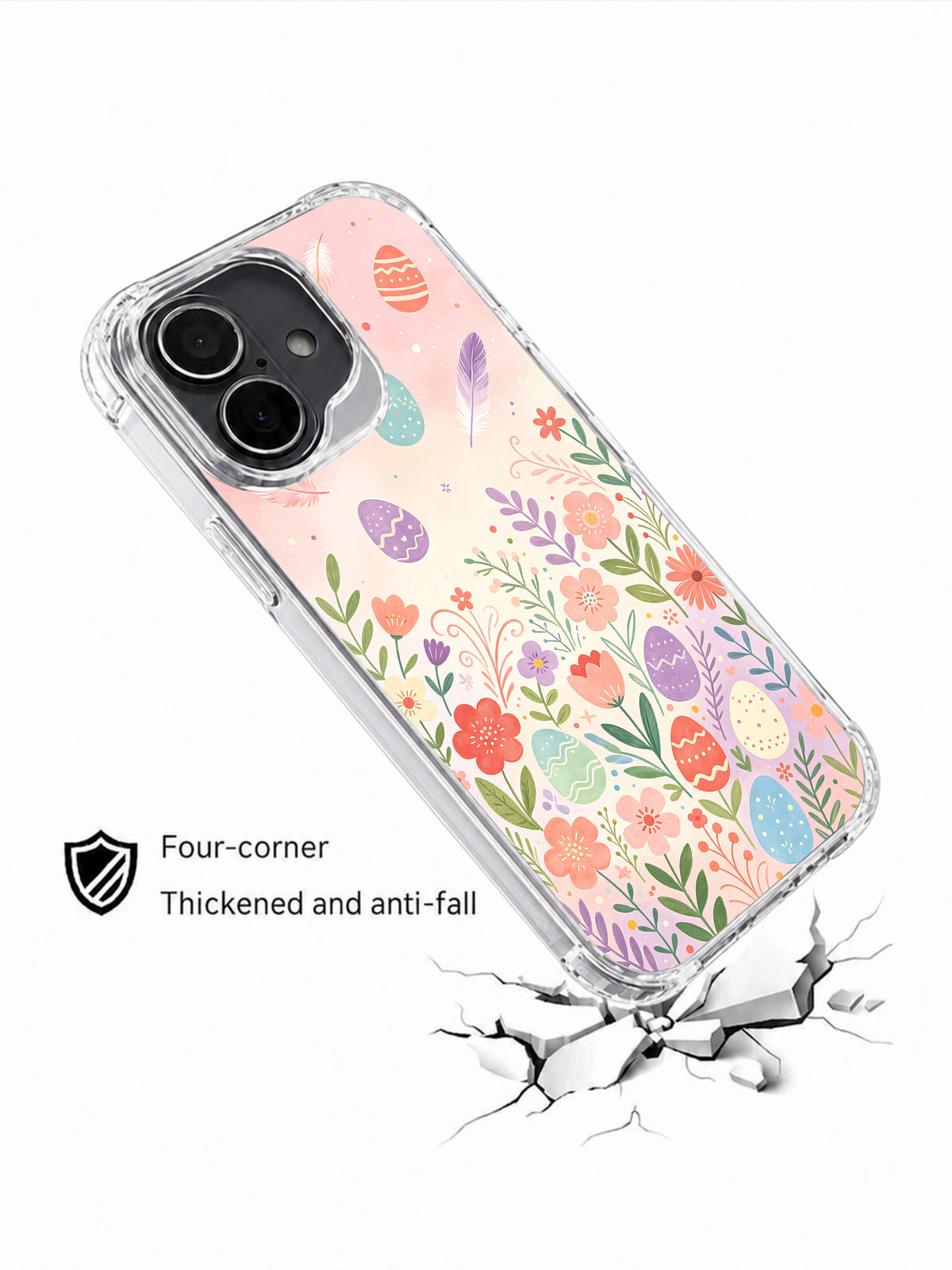 Spring Candy Garden: Angled illustrated case above a drawn cracked surface.