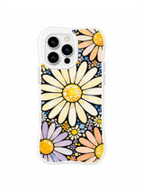 Golden Daisy Pulse: Large cream and yellow daisies alternate with lavender and peach flowers on black.
