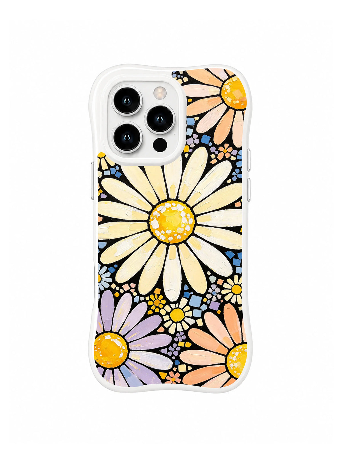 Golden Daisy Pulse: Large cream and yellow daisies alternate with lavender and peach flowers on black.