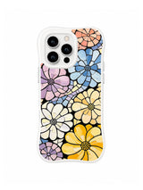 Pastel Petal Mosaic: Interlocking peach, blue, lavender, cream and yellow flowers use bold black outlines.
