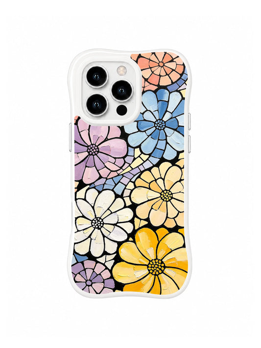 Pastel Petal Mosaic: Interlocking peach, blue, lavender, cream and yellow flowers use bold black outlines.