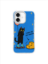 Cobalt roller-skating black cat Stairs Are Just Suggestions iPhone 16 case