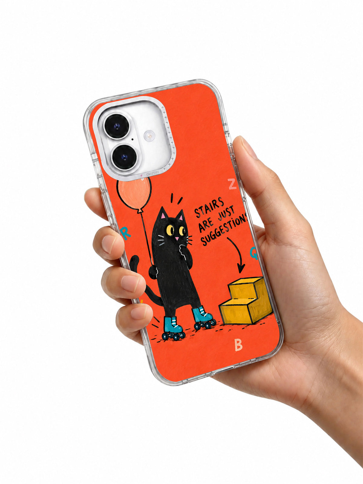 Hand holding coral Stairs Are Just Suggestions iPhone 16 case