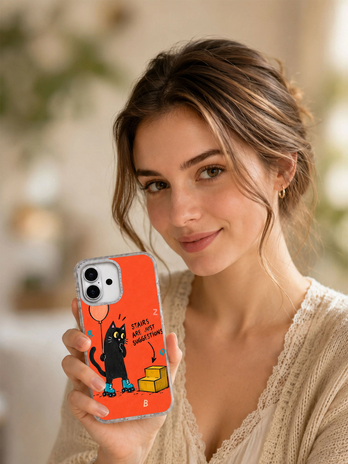 Lifestyle view of coral Stairs Are Just Suggestions iPhone 16 case