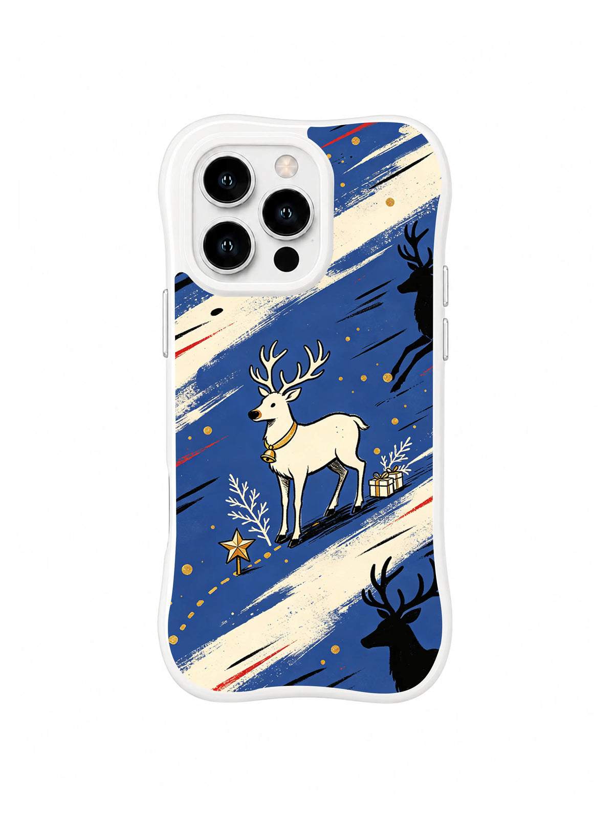 Standing Star Guide Reindeer pattern on a white iPhone 14 Pro case with a single ivory reindeer, oversized black antler silhouettes, gold stars and cobalt blue winter bands