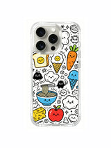 Close-up staple food cartoon crowd doodle iPhone 15 pro Case, stain-resistant phone casing, casual lifestyle phone cover produced at PhoneCasing California plant.