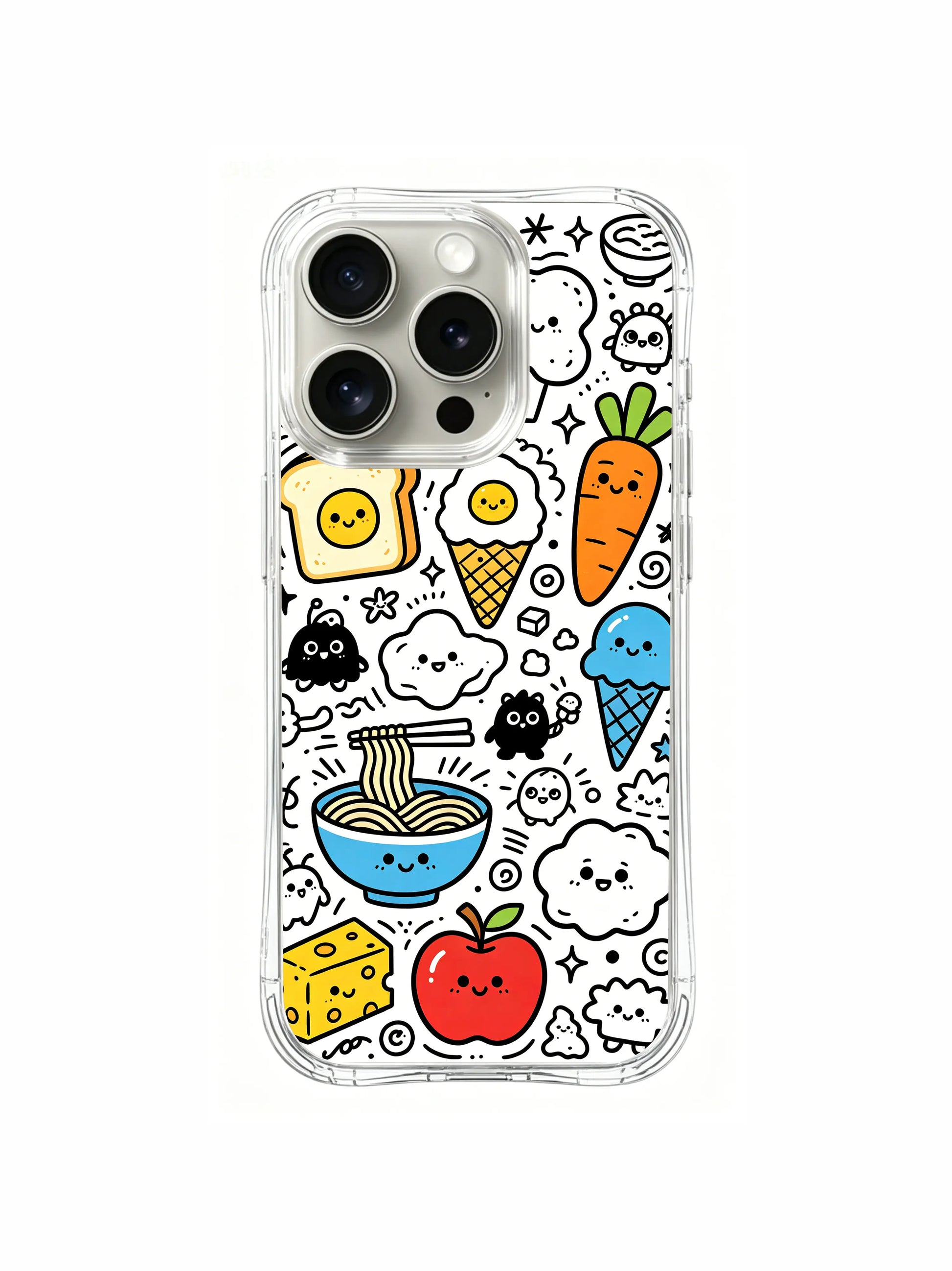 Close-up staple food cartoon crowd doodle iPhone 15 pro Case, stain-resistant phone casing, casual lifestyle phone cover produced at PhoneCasing California plant.