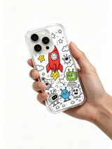 Friendly star, alien and rocket launch gathering design iPhone 15 pro Case, durable antimicrobial phone casing exclusively developed by PhoneCasing.