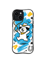 Lasso Jump Cowboy: A smiling cowboy puppy jumps beside a looping lasso and blue brush marks.