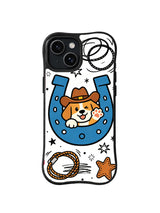 Lucky Horseshoe Pup: A cowboy-hat puppy peeks through a blue horseshoe beside a rope and star.