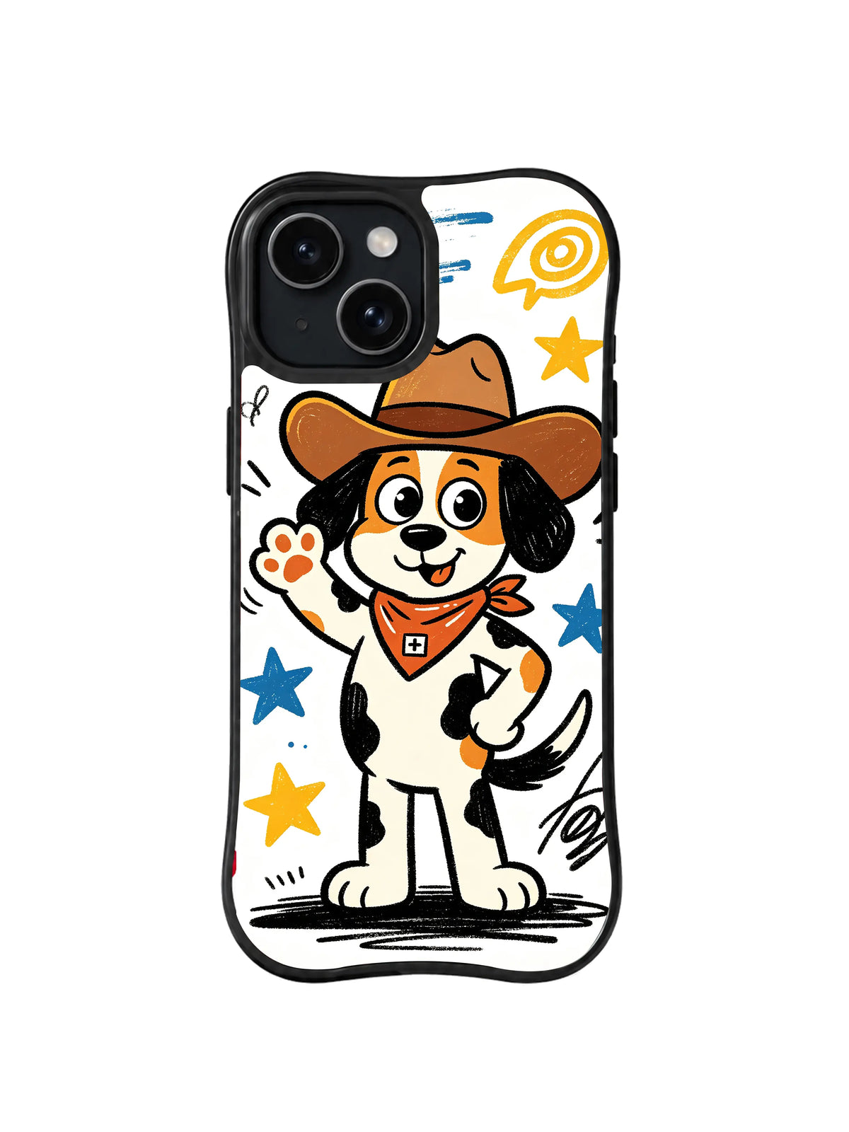 Star Badge Cowboy Pup: A cowboy puppy with a neckerchief stands among blue and yellow stars.