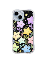 Pastel Star Bloom Field: Large smiling pastel starflowers stand among thin green stems and tiny blossoms.