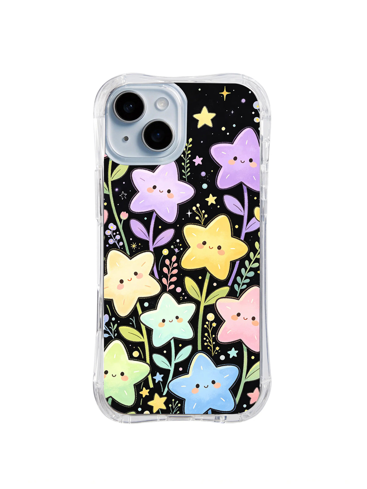 Pastel Star Bloom Field: Large smiling pastel starflowers stand among thin green stems and tiny blossoms.