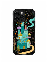 Star Orchard Observatory / Constellation Orchard Keep: A stepped turquoise keep with side balconies, thin pink chimneys and constellations above curling smoke.