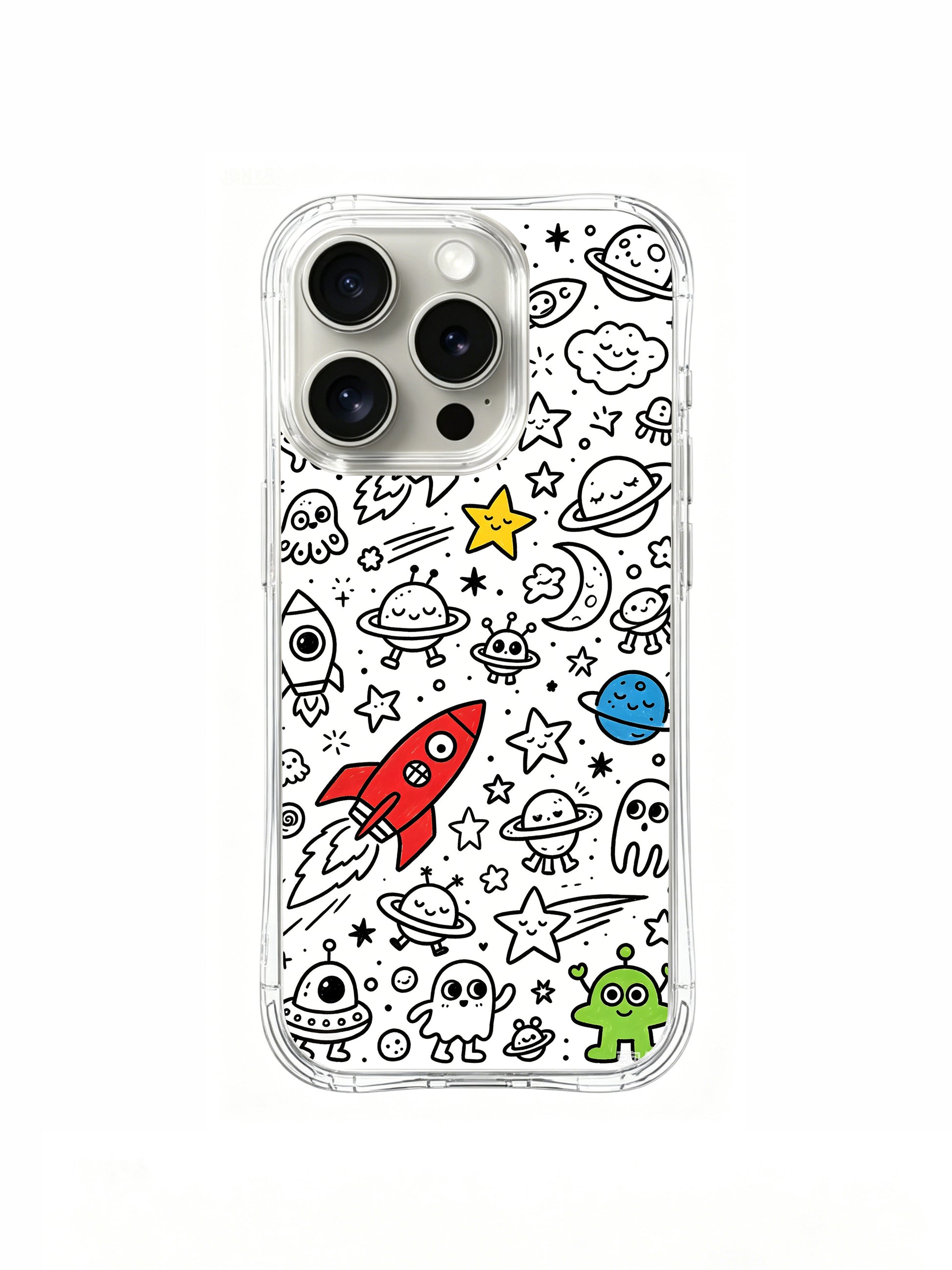 Star, planet & rocket outer space doodle iPhone 15 pro Case, copyright protected art phone casing, eye-catching colorful phone cover crafted by PhoneCasing.