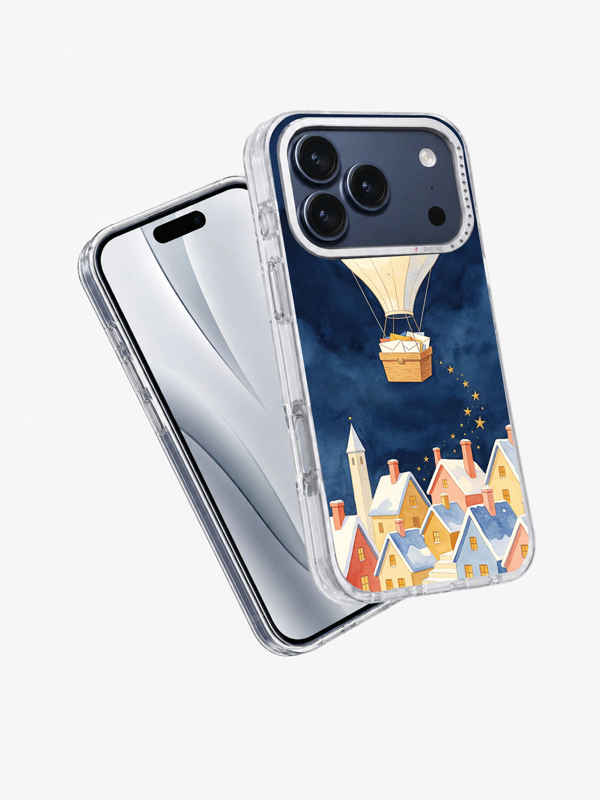 Angled view of The Star Post Balloon artwork on a clear iPhone 17 Pro Max case
