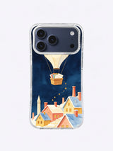 Celestial village iPhone case pattern with a postal balloon, colorful envelopes and curved gold star trail