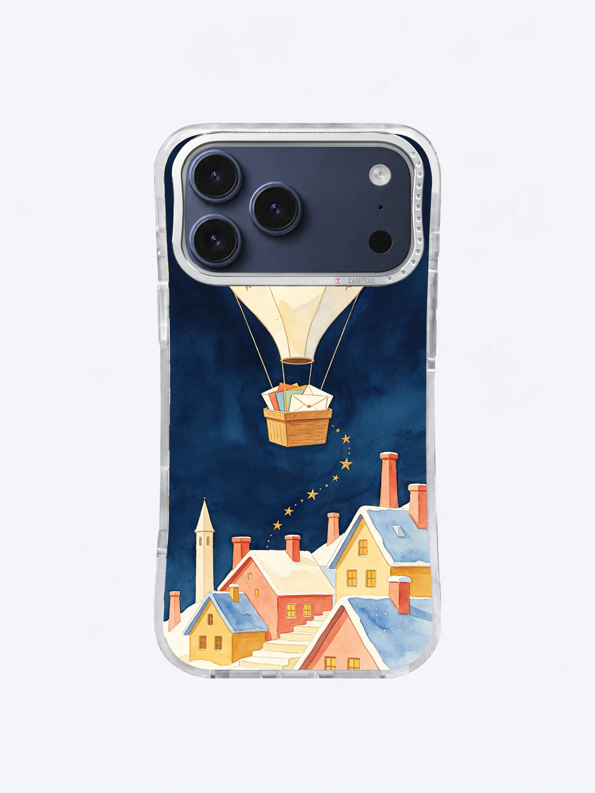 Celestial village iPhone case pattern with a postal balloon, colorful envelopes and curved gold star trail