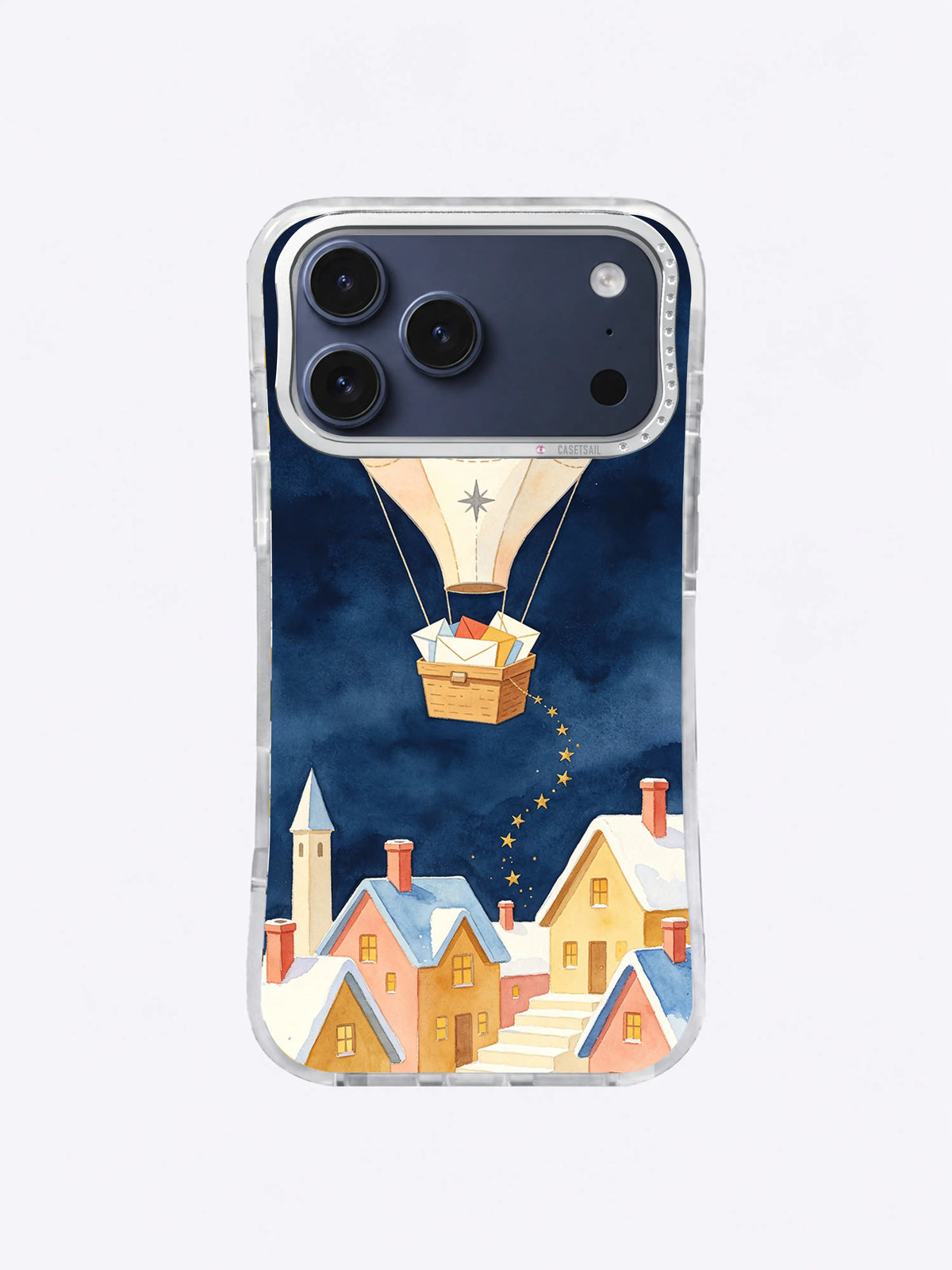 Midnight balloon iPhone case pattern with navy sky, brass stars and warm alpine rooftops