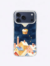 Snowroof village iPhone case pattern with cream balloon, coral chimneys and powder-blue gables