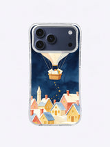 Winter mail balloon iPhone case pattern above mustard, coral and ivory village houses